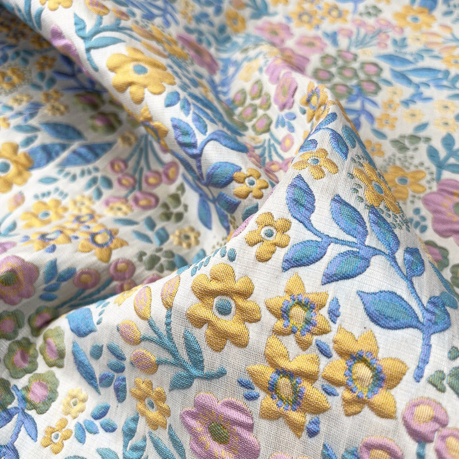 Emma Brocade Polyester Cotton Floral White Colourful Jacquard Fabric