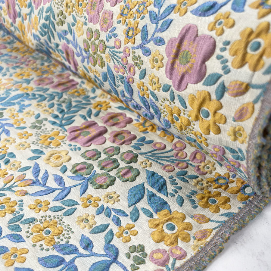 Emma Brocade Polyester Cotton Floral White Colourful Jacquard Fabric Roll