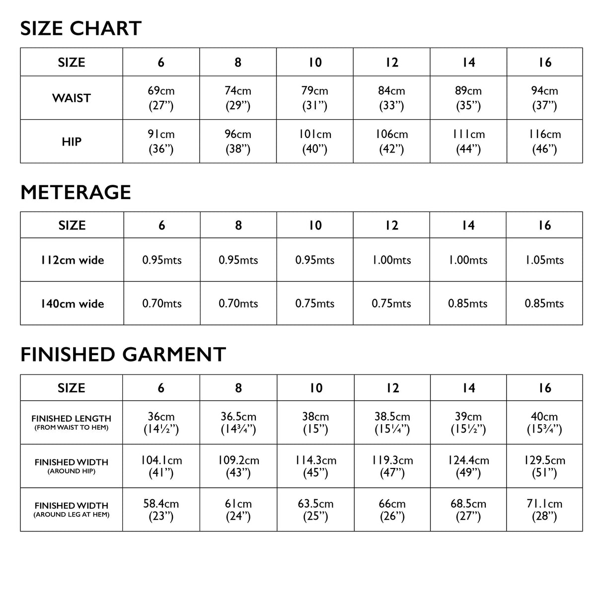 Esther Short Size Chart
