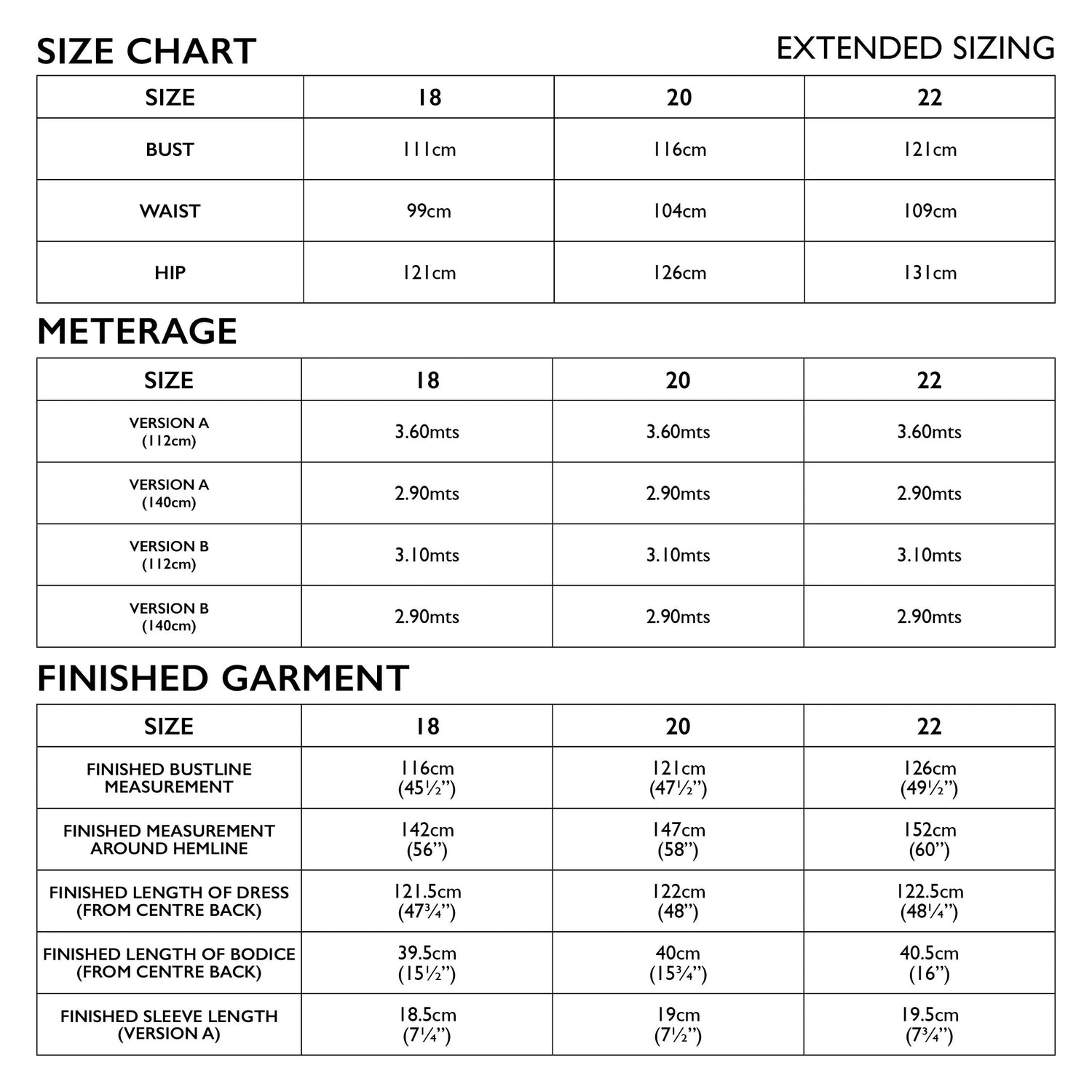 Eva dress extended size chart 18 22