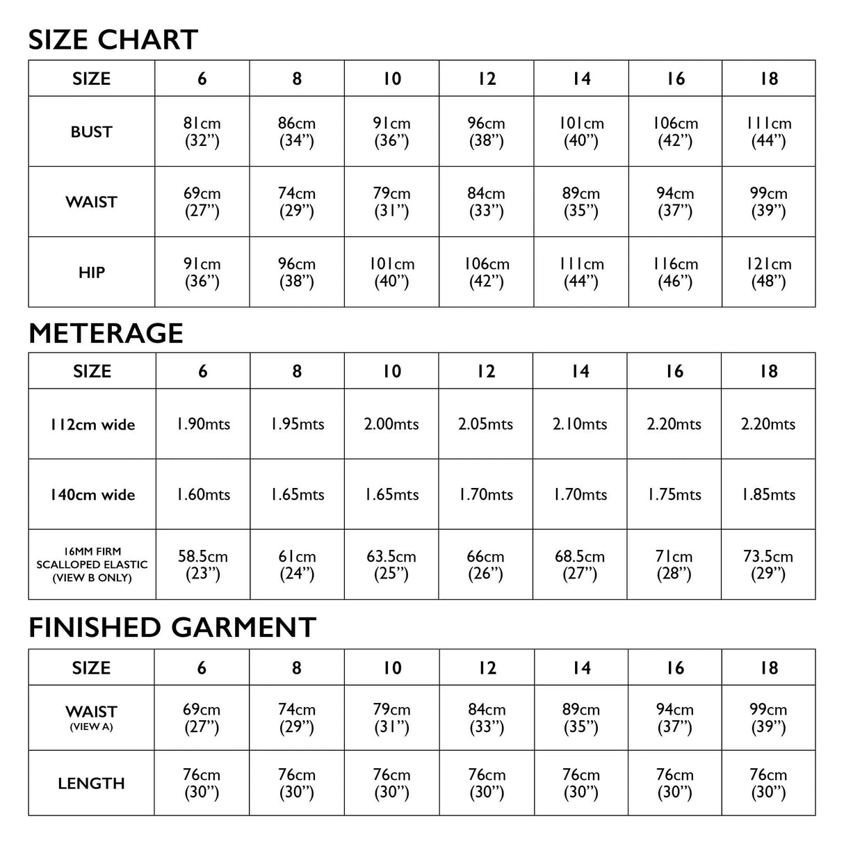 Evie Skirt Size Chart