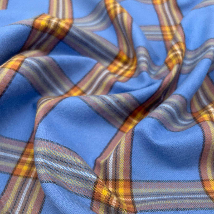 Ex Designer Brushed Cotton Fabric Wholesome Check Orange Sky Blue