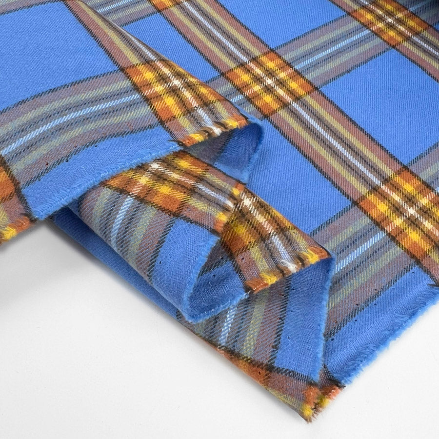 Ex Designer Brushed Cotton Fabric Wholesome Check Orange Sky Blue Fold