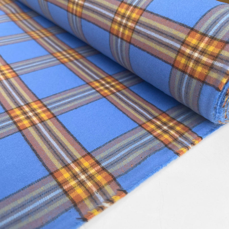 Ex Designer Brushed Cotton Fabric Wholesome Check Orange Sky Blue Roll