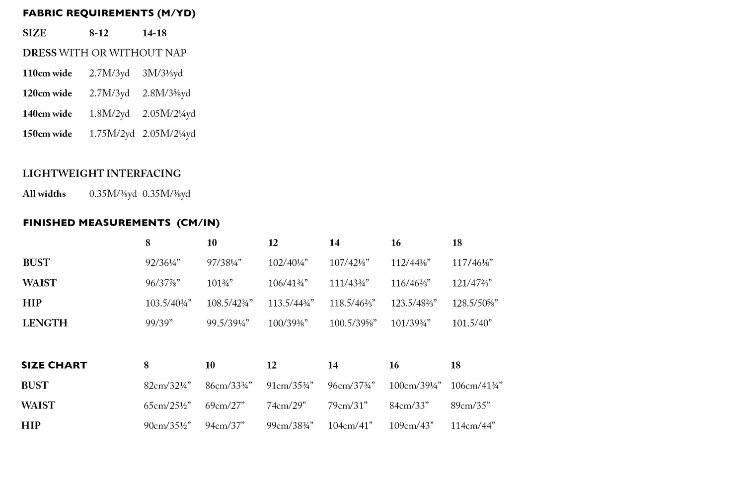Factory size chart 8 18