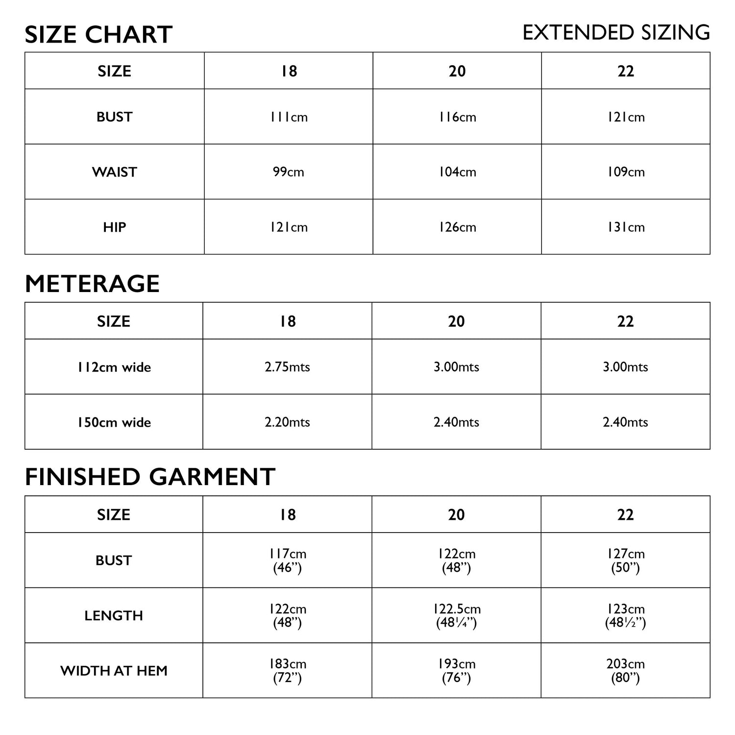 Felicia Extended Size Chart