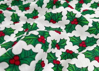 Festive Craft Fabric Christmas Polycotton Halls Of Holly White