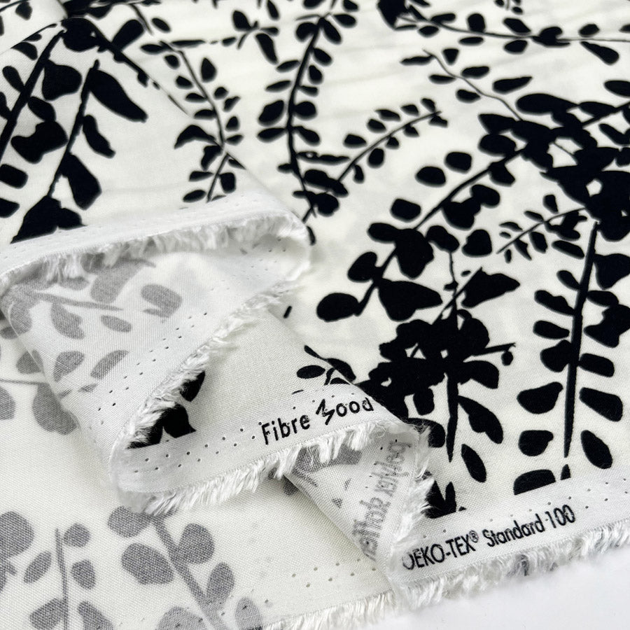 Fibre Mood Ecovero Leaves Black White Viscose Floral Leaf Print Dress Fabric Fold