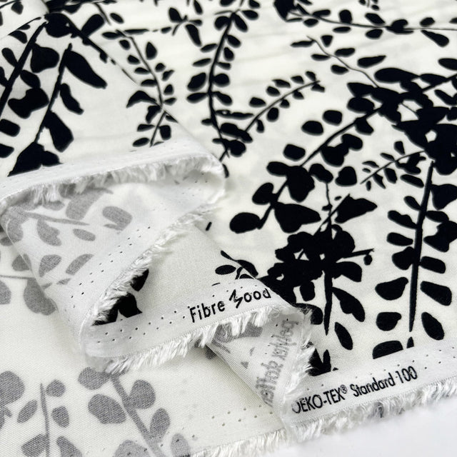 Fibre Mood Ecovero Leaves Black White Viscose Floral Leaf Print Dress Fabric Fold
