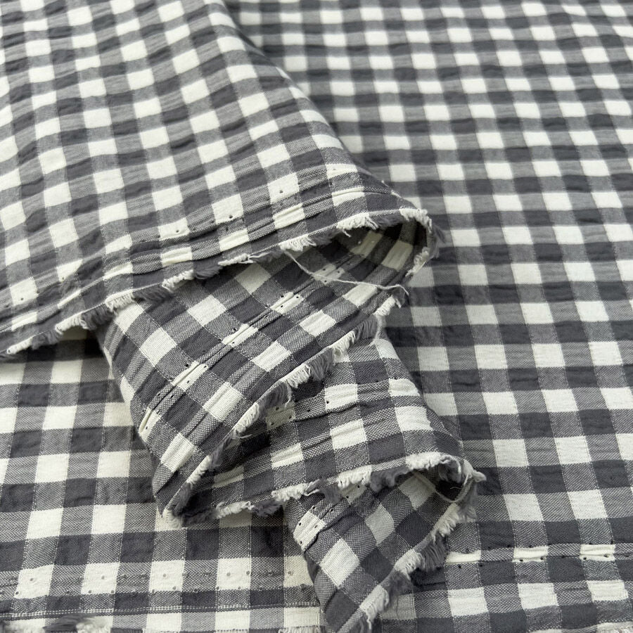 Fibre Mood Seersucker Check Grey Cream Cotton Polyester Elastane Stretch Woven Shirting Fabric Fold