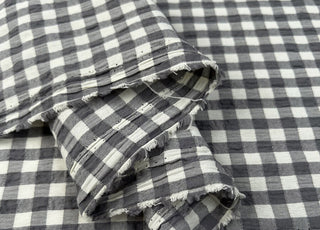 Fibre Mood Seersucker Check Grey Cream Cotton Polyester Elastane Stretch Woven Shirting Fabric Fold