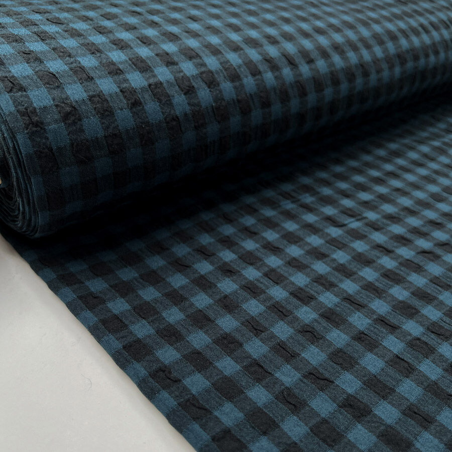 Fibre Mood Seersucker Check Teal Black Cotton Polyester Elastane Stretch Woven Shirting Fabric Bolt