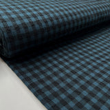 Fibre Mood Seersucker Check Teal Black Cotton Polyester Elastane Stretch Woven Shirting Fabric Bolt