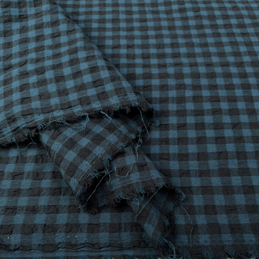Fibre Mood Seersucker Check Teal Black Cotton Polyester Elastane Stretch Woven Shirting Fabric Fold