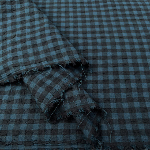 Fibre Mood Seersucker Check Teal Black Cotton Polyester Elastane Stretch Woven Shirting Fabric Fold