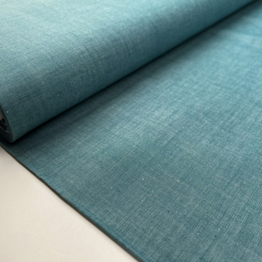 Finest Chambray Teal Cotton Lightweight Plain Woven Dress Fabric Bolt