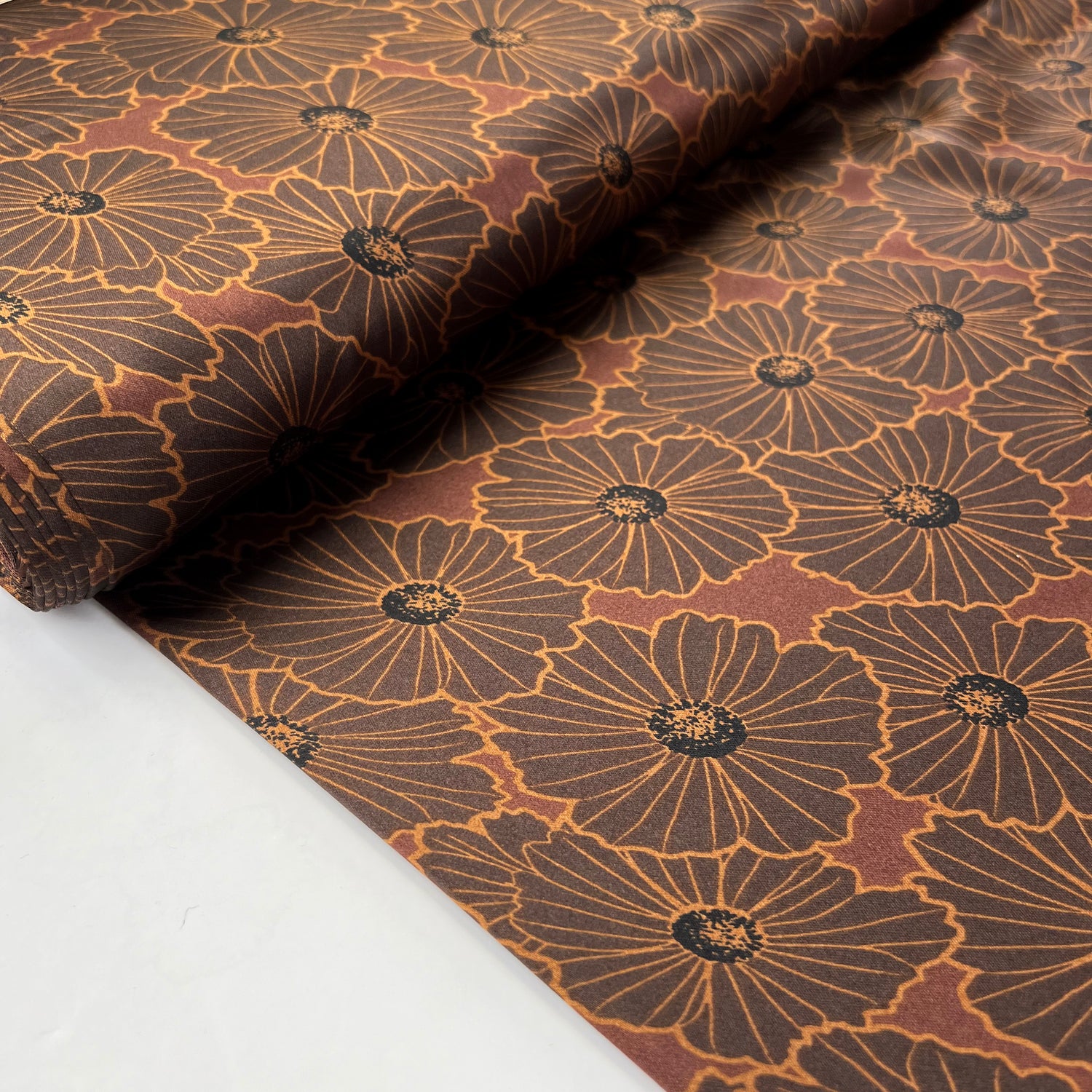 Flora Brown Polyester Satin Floral Print Silver Dress Fabric Bolt