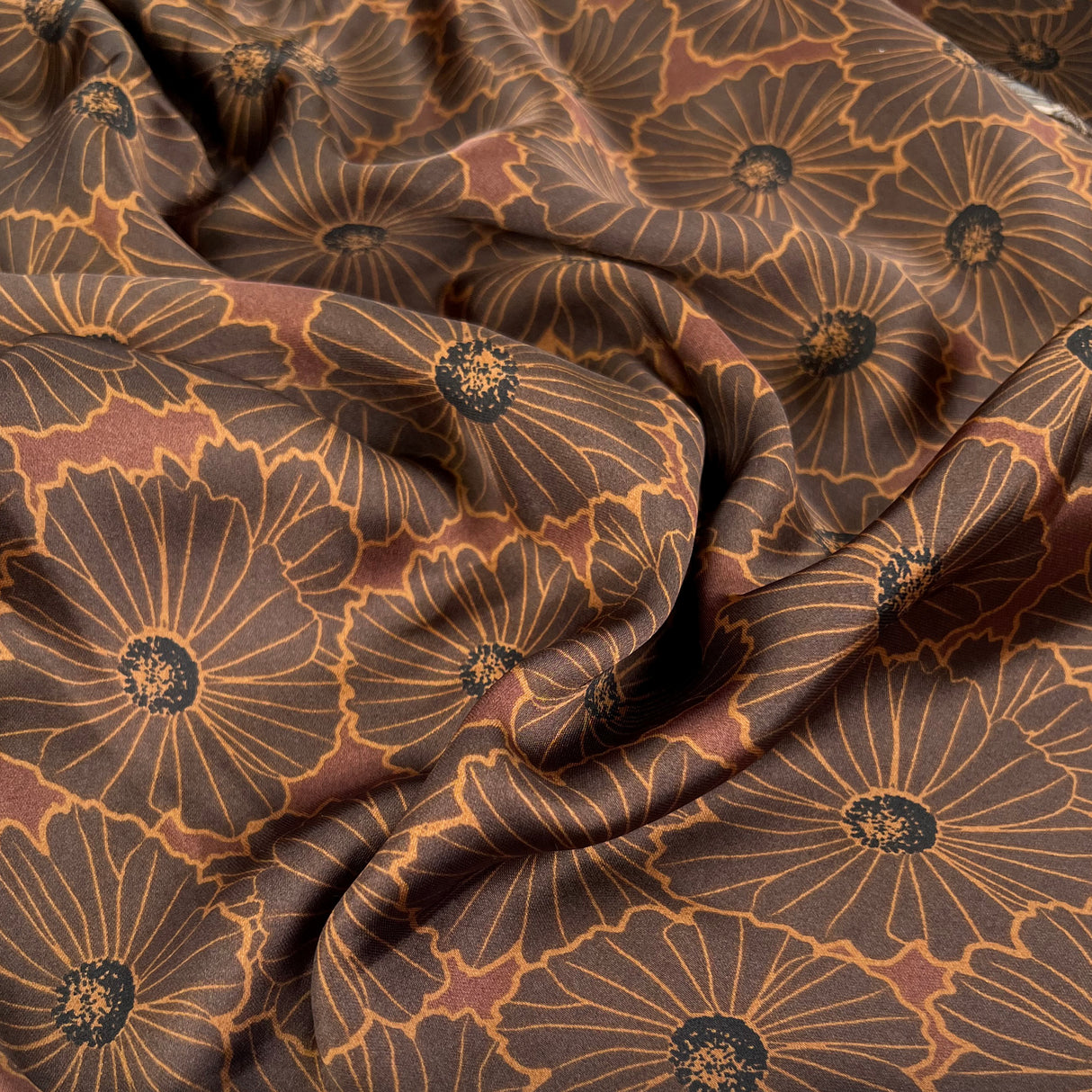 Flora Brown Polyester Satin Floral Print Silver Dress Fabric