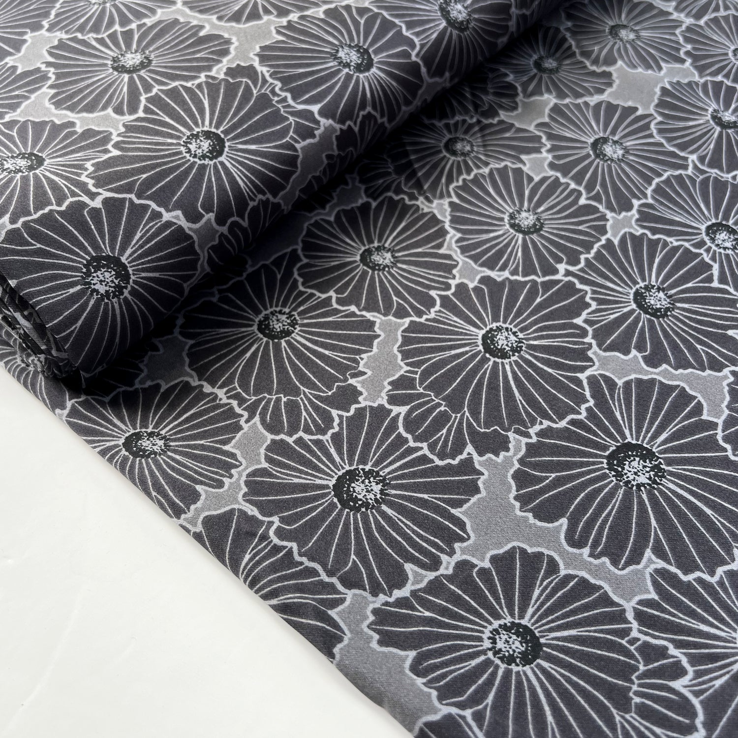 Flora Grey Polyester Satin Floral Print Silver Dress Fabric Bolt
