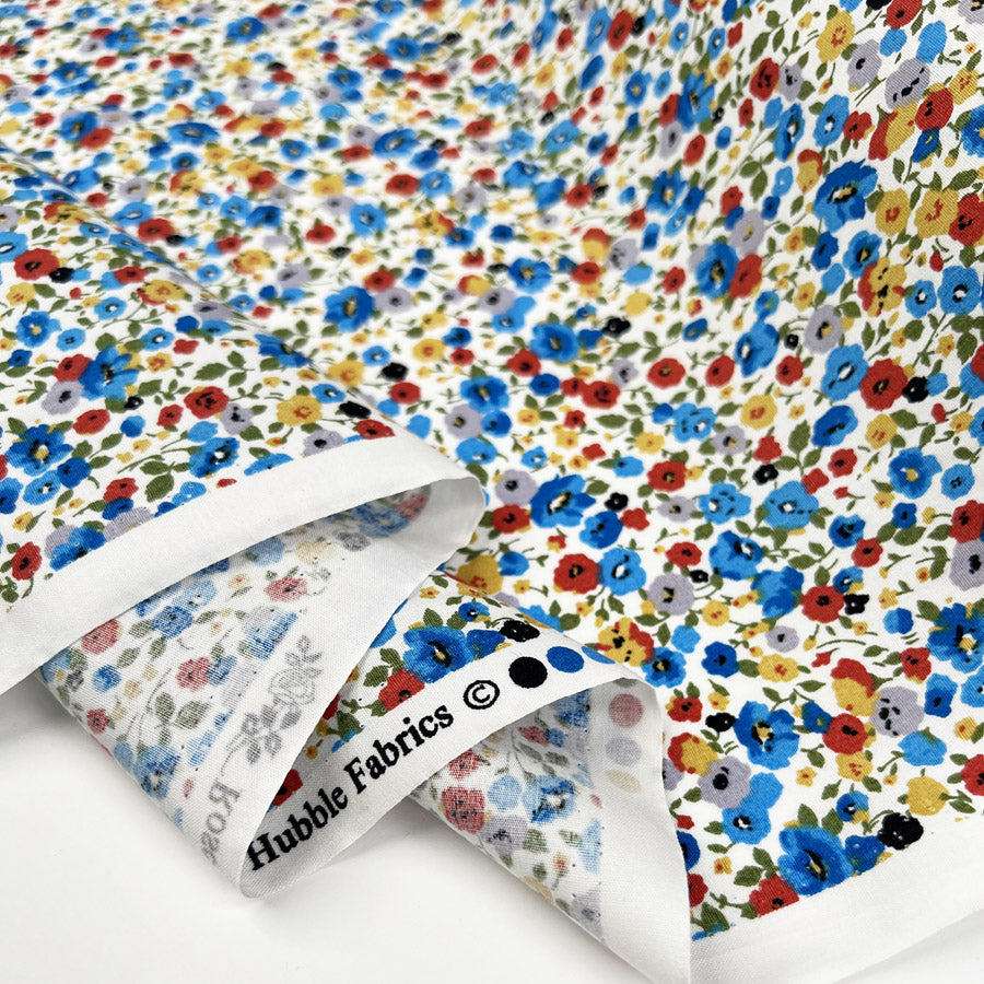 Floral Pop White Cotton Poplin Blue Multicoloured Craft Dress Fabric Fold