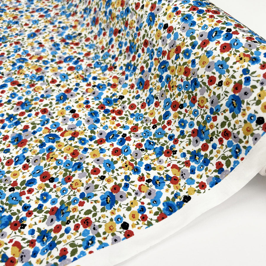 Floral Pop White Cotton Poplin Blue Multicoloured Craft Dress Fabric Roll