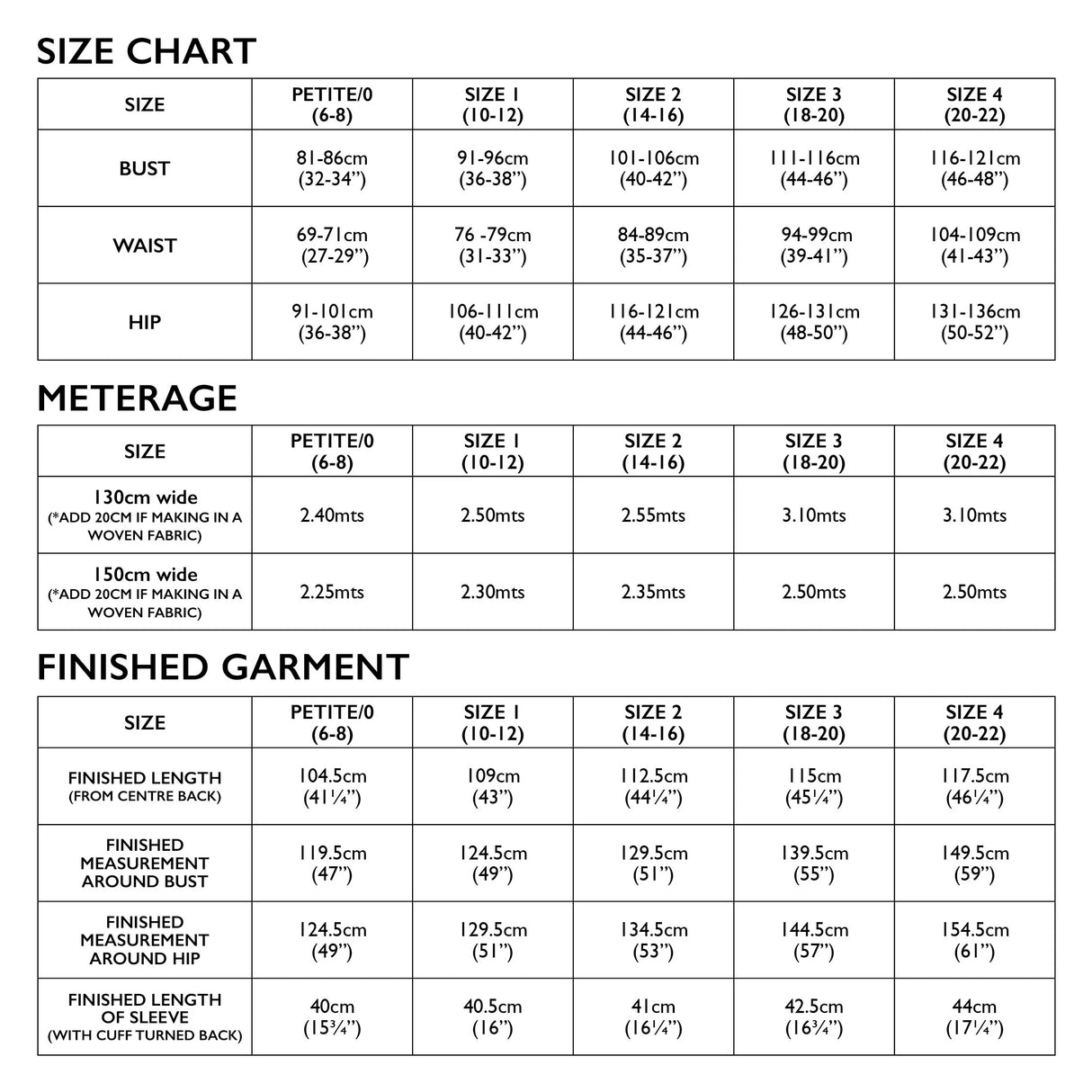 Florence coat new size chart