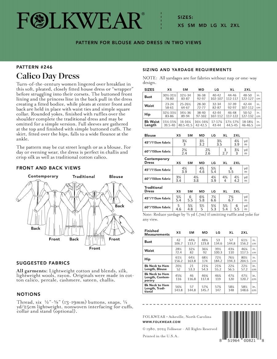 Folkwear Calico Day Dress Pattern Back