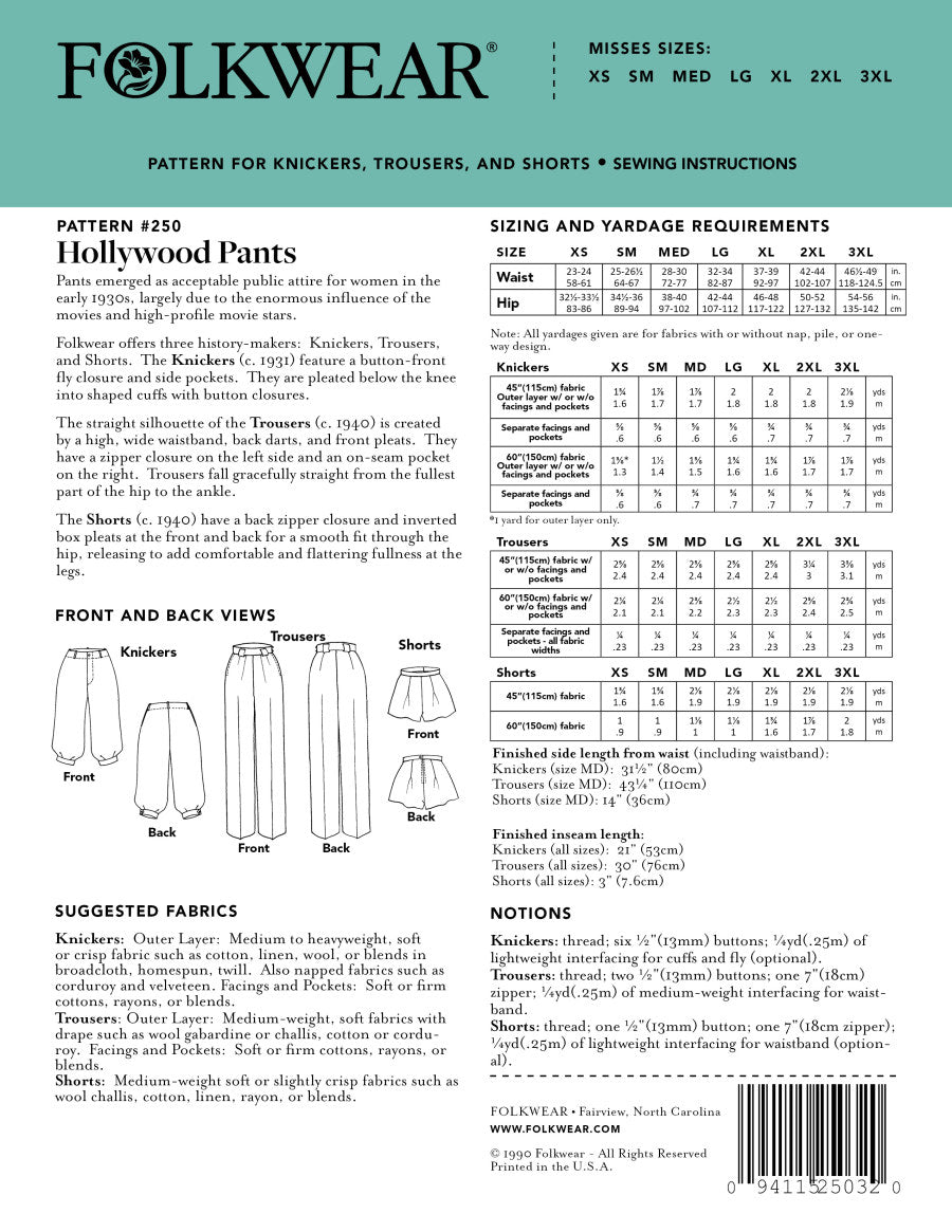 Folkwear Hollywood Pants Shorts Pattern Backcover
