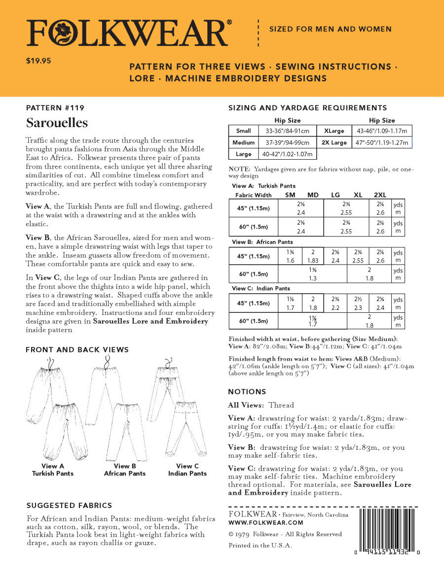 Folkwear Unisex Sarouelles Pattern Back