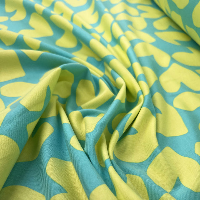 French Terry Craft Hearts Yellow Mint Turquoise Elastane Knit Jersey Fabric