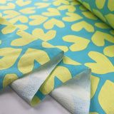 French Terry Craft Hearts Yellow Mint Turquoise Elastane Knit Jersey Fabric Fold