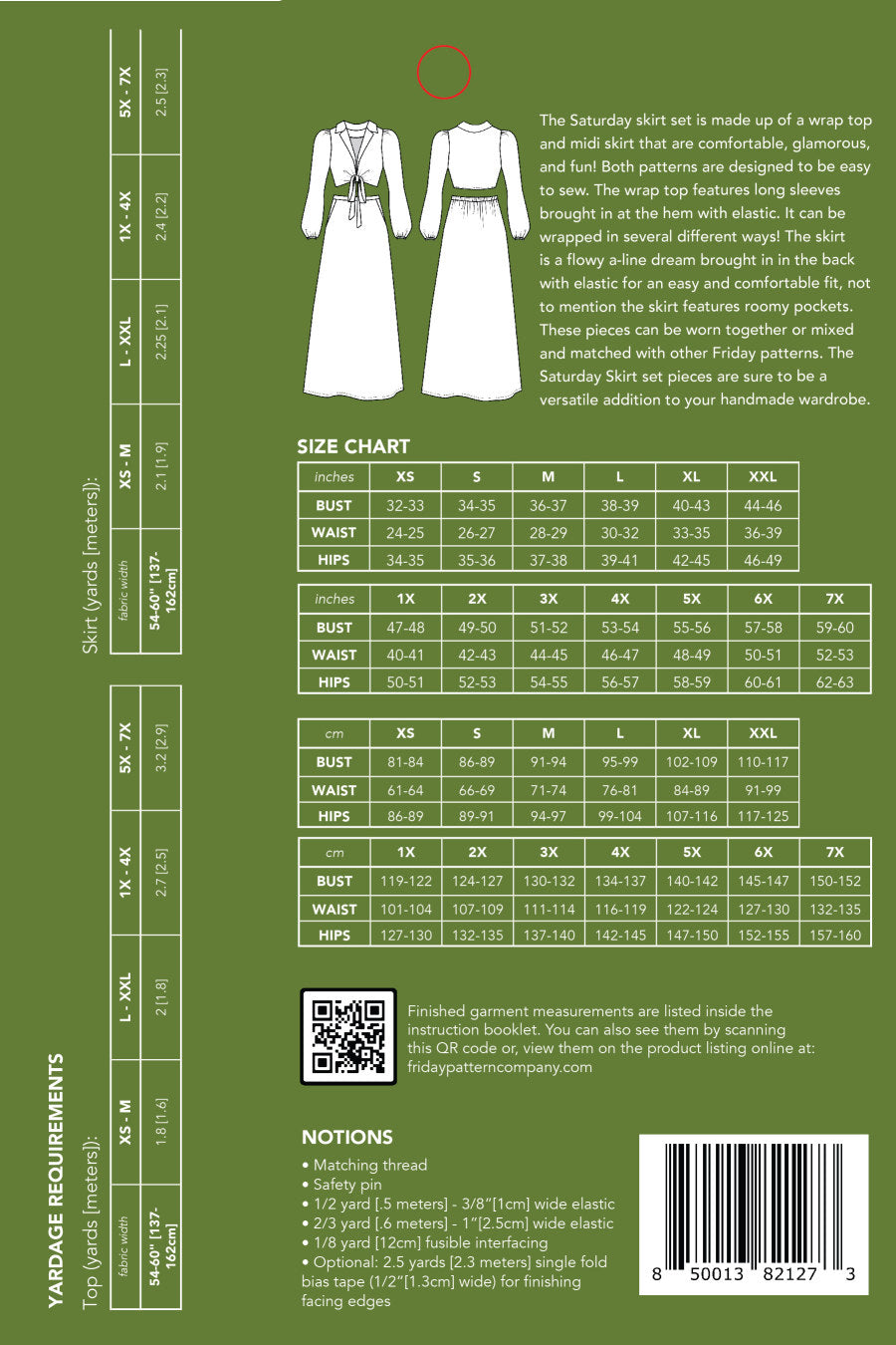 Friday Pattern Company Saturday Set Pattern Sizes Xs 7X Backcover