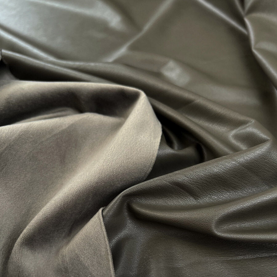 Fur Backed Faux Leather Olive Green Polyester Polyurethane Spandex Fabric