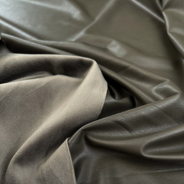 Fur Backed Faux Leather Olive Green Polyester Polyurethane Spandex Fabric