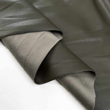Fur Backed Faux Leather Olive Green Polyester Polyurethane Spandex Fabric Fold