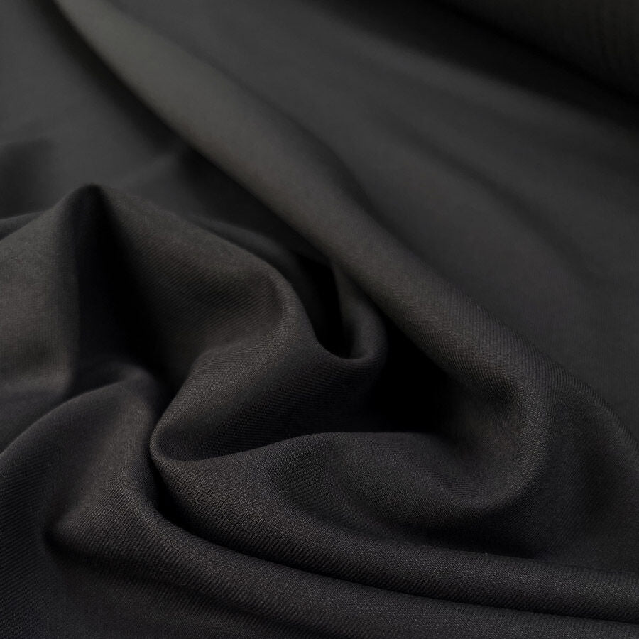 Fuss And Bother Black Polyester Viscose Wool Elastane Suiting Fabric