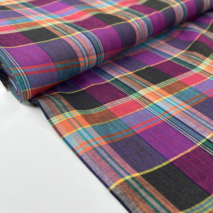 Garden Party Linen Purple Check Ex Designer Multicoloured Woven Shirting Fabric Bolt