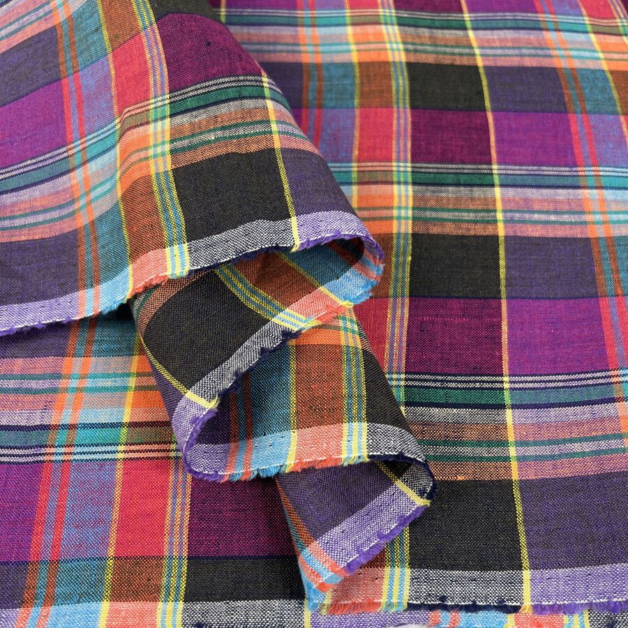 Garden Party Linen Purple Check Ex Designer Multicoloured Woven Shirting Fabric Fold