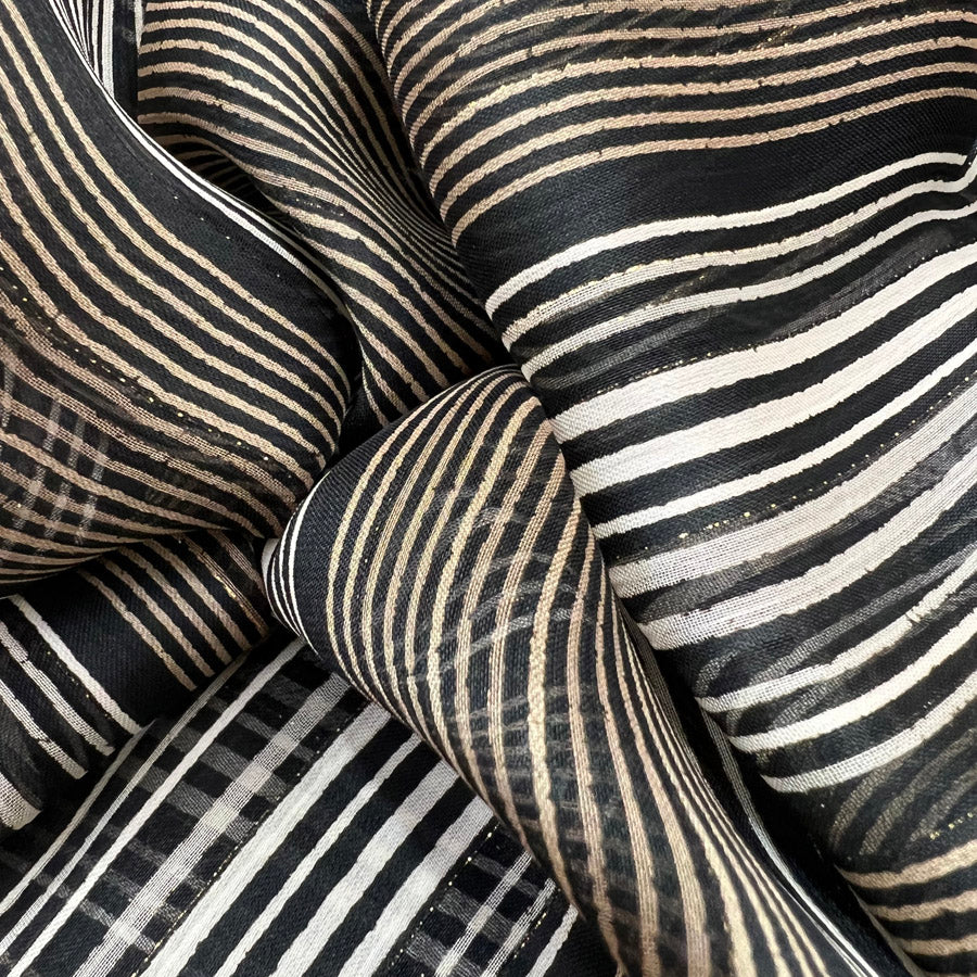Gilded Cage Chiffon Gold Black Lurex Stripey Dressmaking Fabric