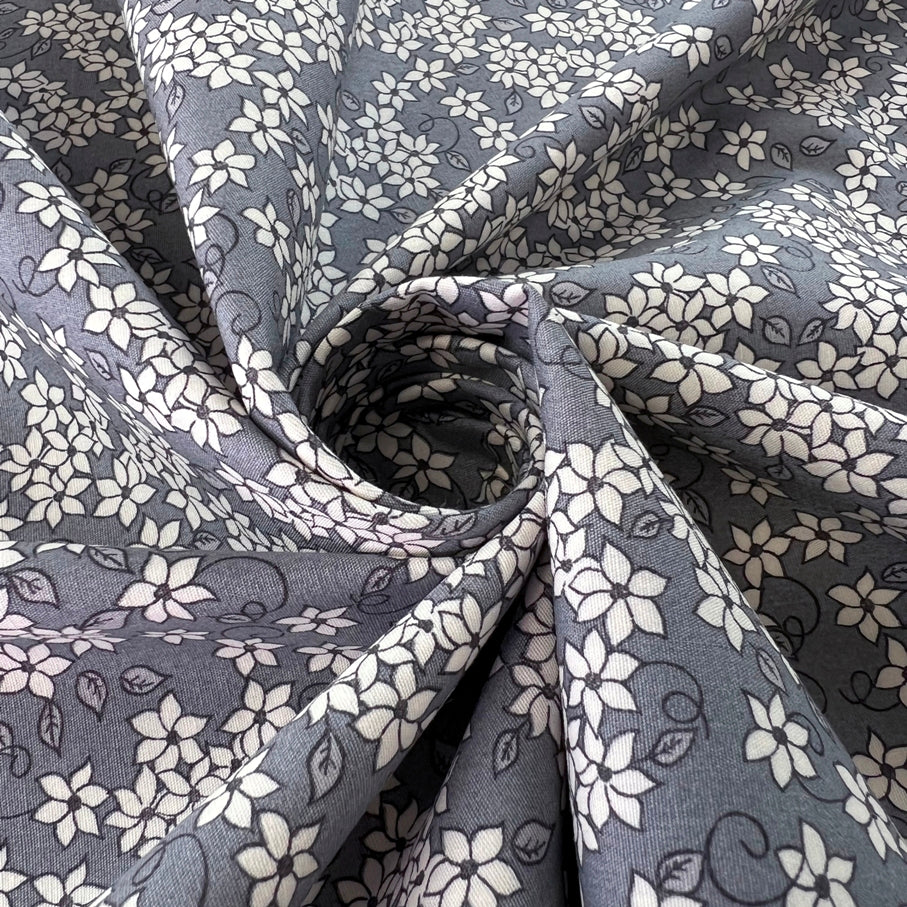 Grey Floral Cotton Dress Fabric  Poplin Print Jaslynn Grey Twist