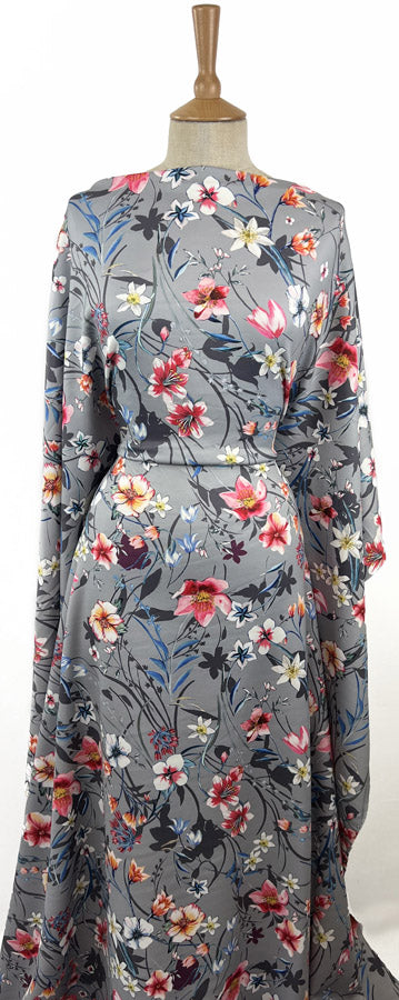 Grey Floral Scuba Jersey Fabric Gala Night Dress