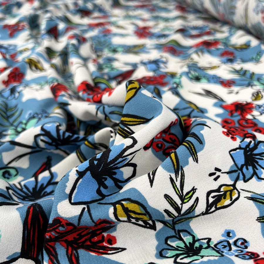 Growing Wild White Blue Red Green Floral Leaf Print Viscose Italian Deadstock Lightweight Dress Fabric