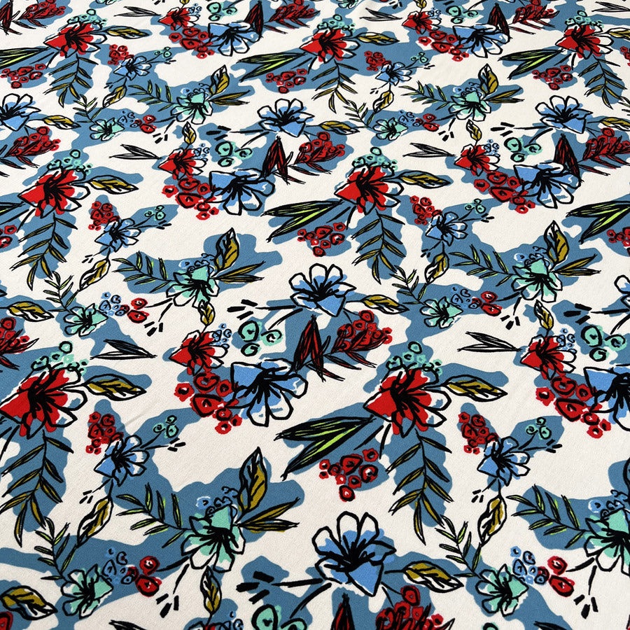 Growing Wild White Blue Red Green Floral Leaf Print Viscose Italian Deadstock Lightweight Dress Fabric Print