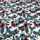 Growing Wild White Blue Red Green Floral Leaf Print Viscose Italian Deadstock Lightweight Dress Fabric Print