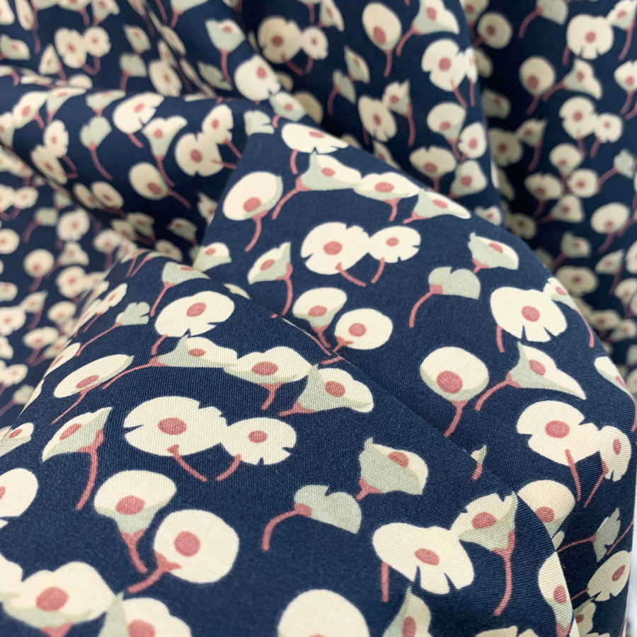 Hanakotoba  Japanese Floral Viscose Fabric Petrol Blue Close Up