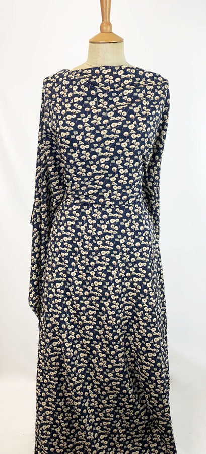Hanakotoba  Japanese Floral Viscose Fabric Petrol Blue Dress