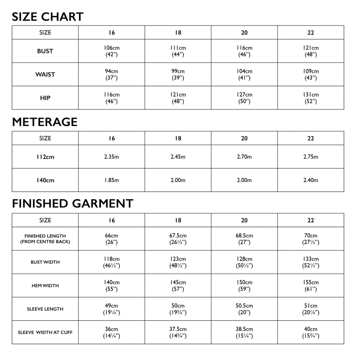 Harlow Size Chart 16 22