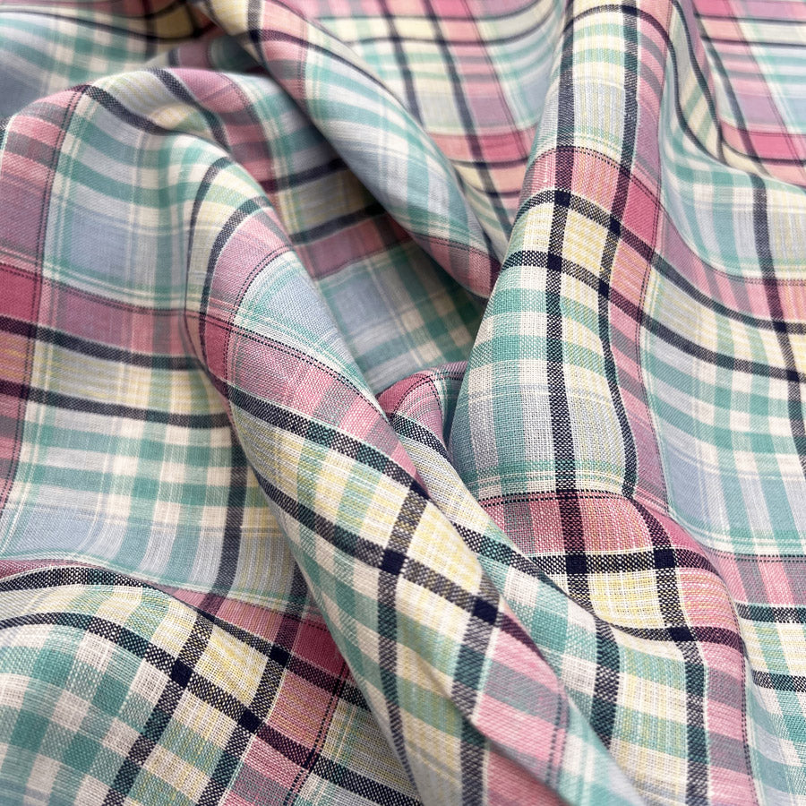 Hawes Check Blue Pink Mint Cotton Linen Shirting Fabric