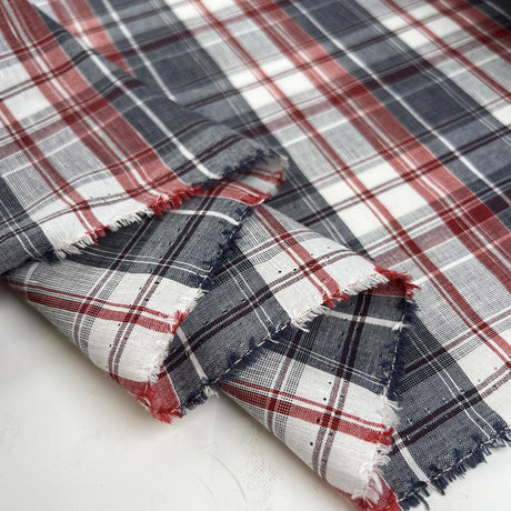 Hawes Check Navy Red White Cotton Linen Shirting Fabric Fold
