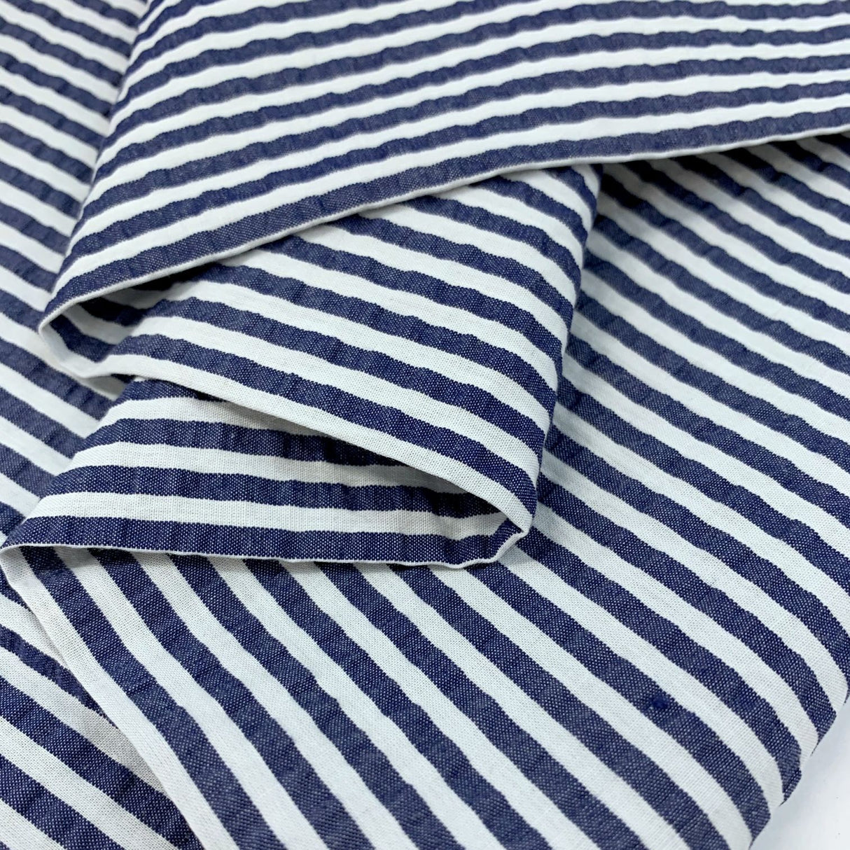 Henley Navy Stripe White Navy Stripe Cotton Seersucker Fabric Cu